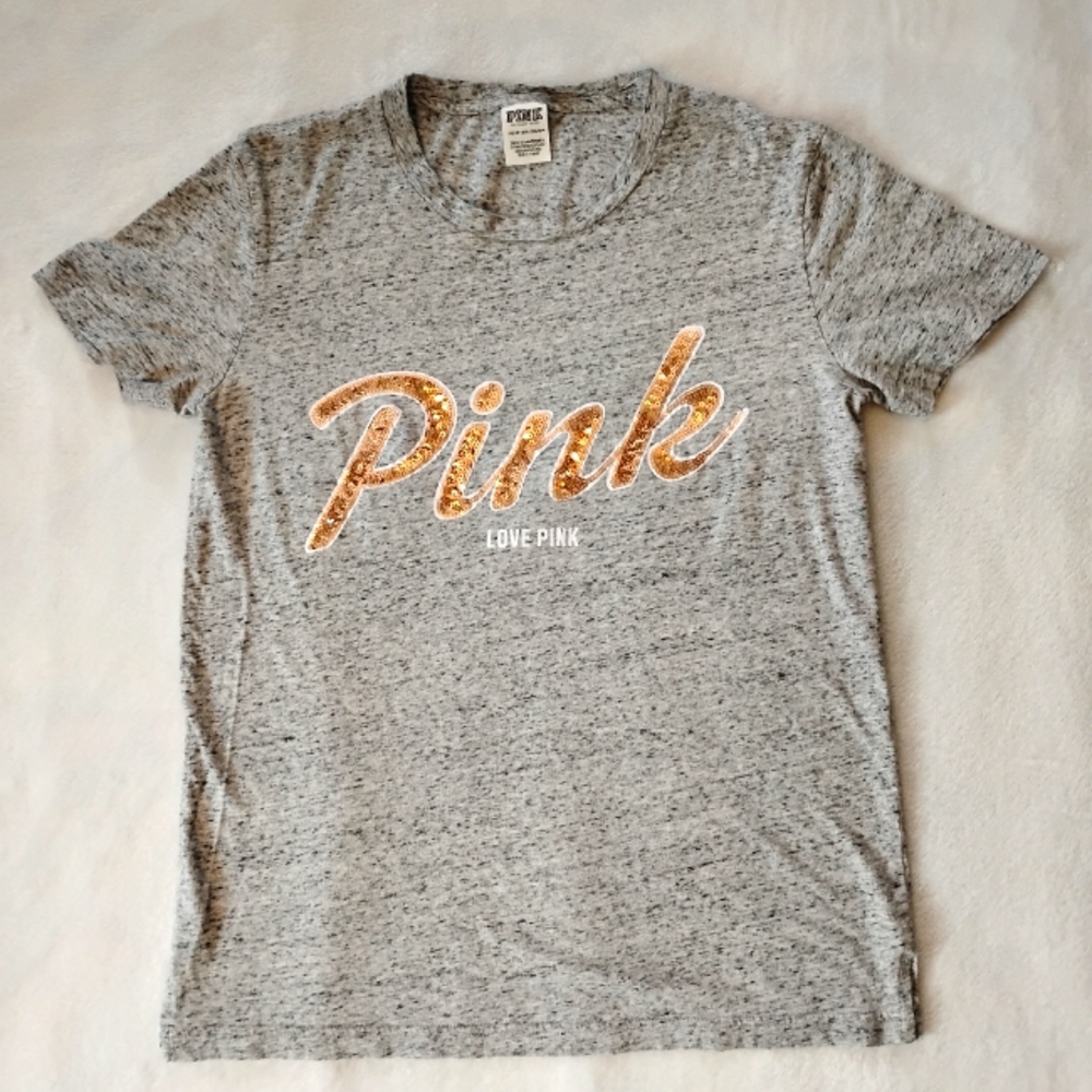 Pink By Victorias secret Greyish ColorT-Shirt with Pink Sequin 'Pink' Logo XS